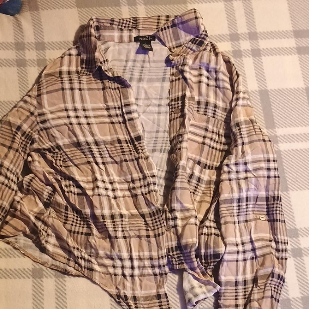 Rue21 Plaid Button Down Shirt - Black, White, Tan